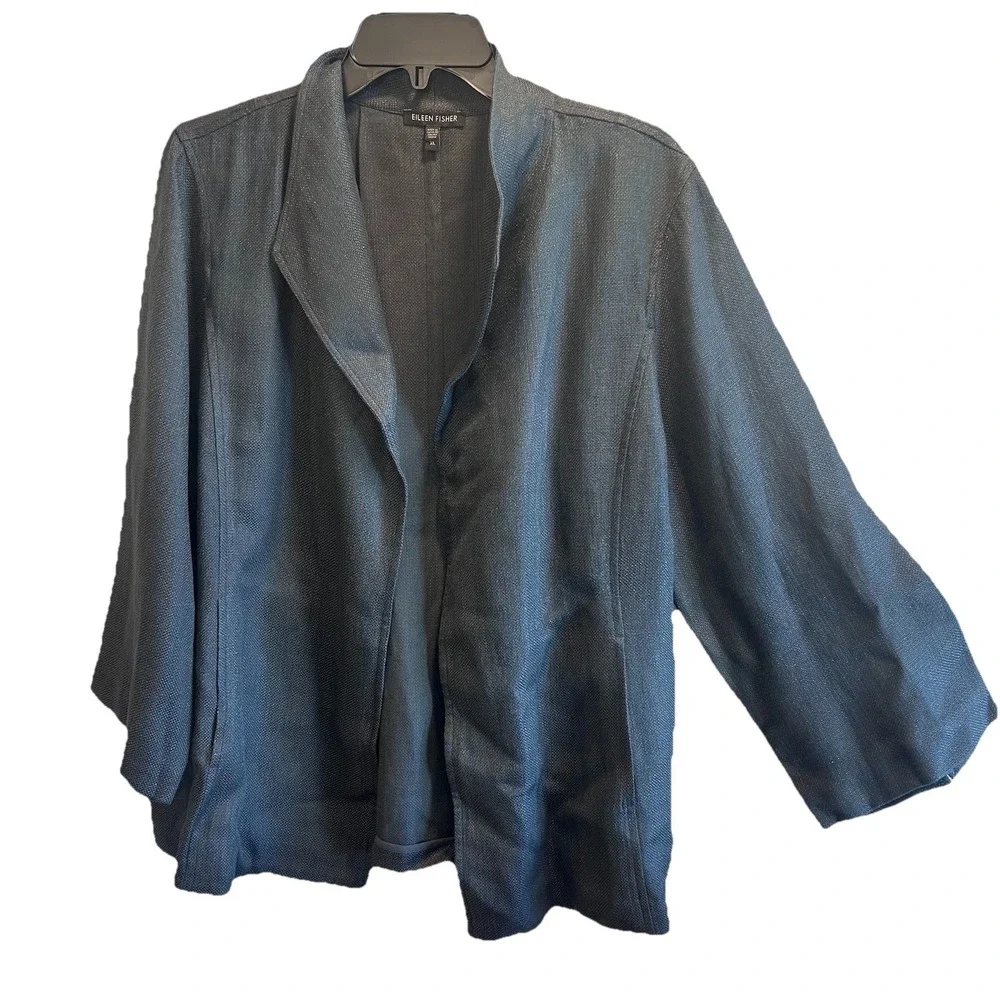 Eileen Fisher Open Front Blazer Jacket Long Sleeve Gray XL Woven Linen Blend EUC